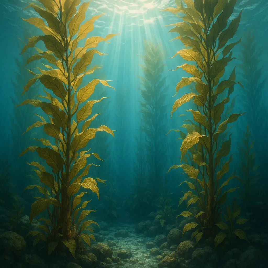 This serene underwater scene captures a vibrant kelp forest bathed in shafts of sunlight.