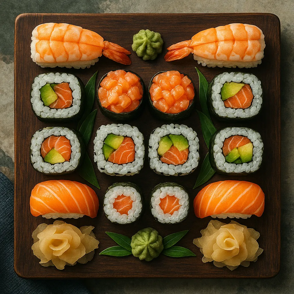 This image showcases a meticulously arranged assortment of sushi, highlighting a variety of textures and colors.