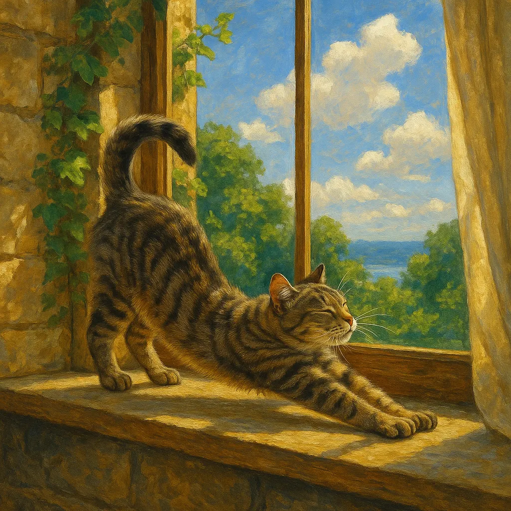 A tabby cat stretches comfortably on a sunlit window sill, basking in the warmth of the sunlight streaming through the window.