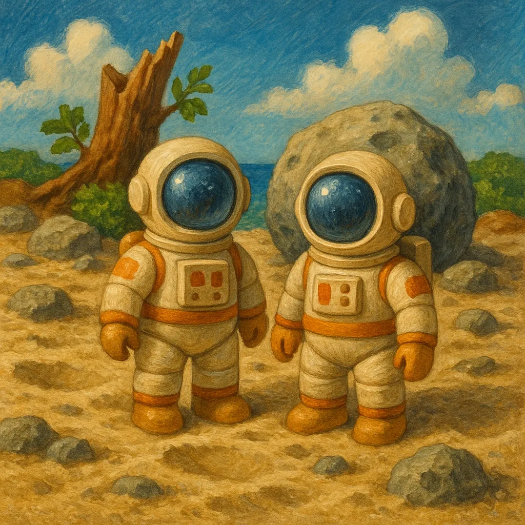 This whimsical image features two toy astronauts standing on a sandy surface that resembles a moon-like terrain.