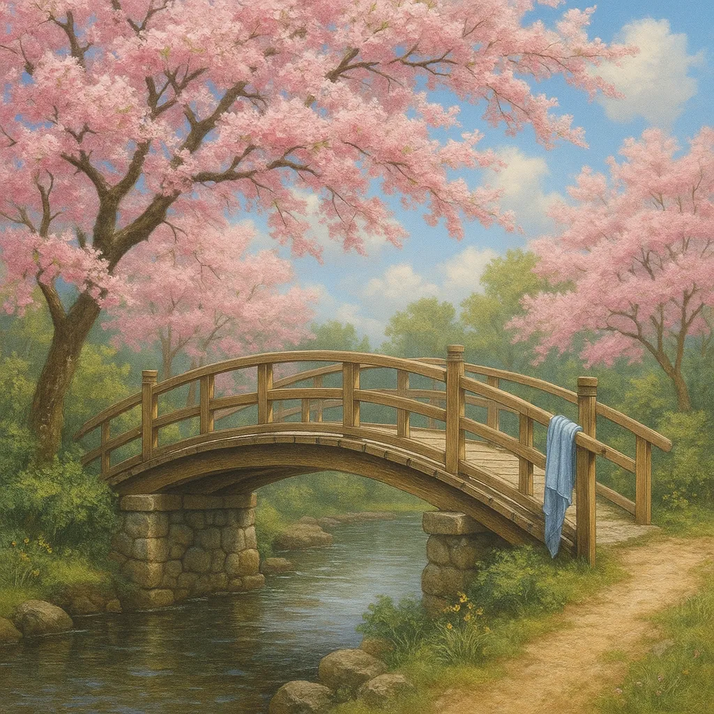 This serene image captures a picturesque wooden footbridge arching gracefully over a gentle stream.