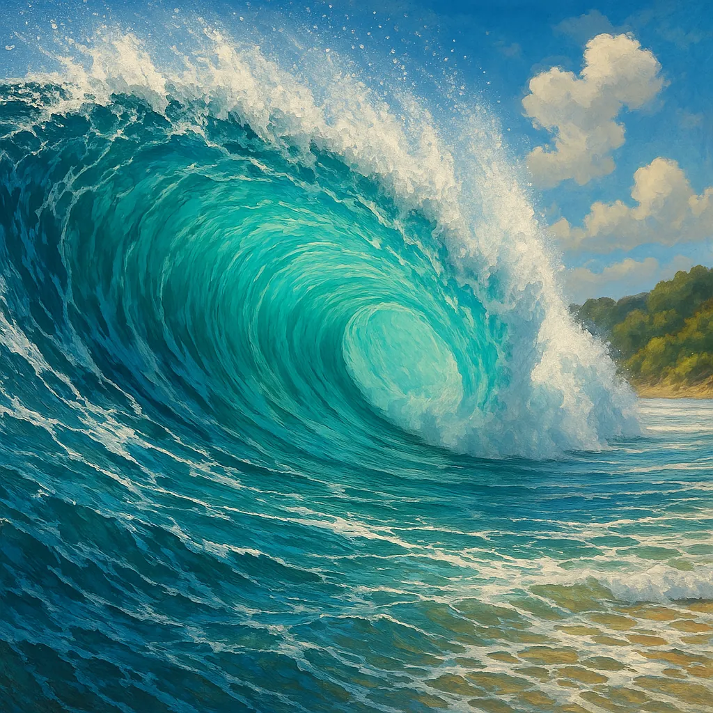 This captivating image captures a majestic ocean wave in mid-break, showcasing a stunning translucent turquoise barrel.