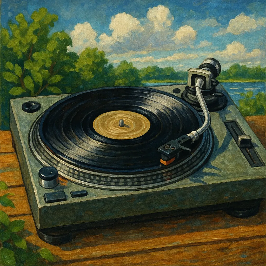 This image features a DJ turntable with a spinning vinyl record, set against a serene outdoor backdrop.
