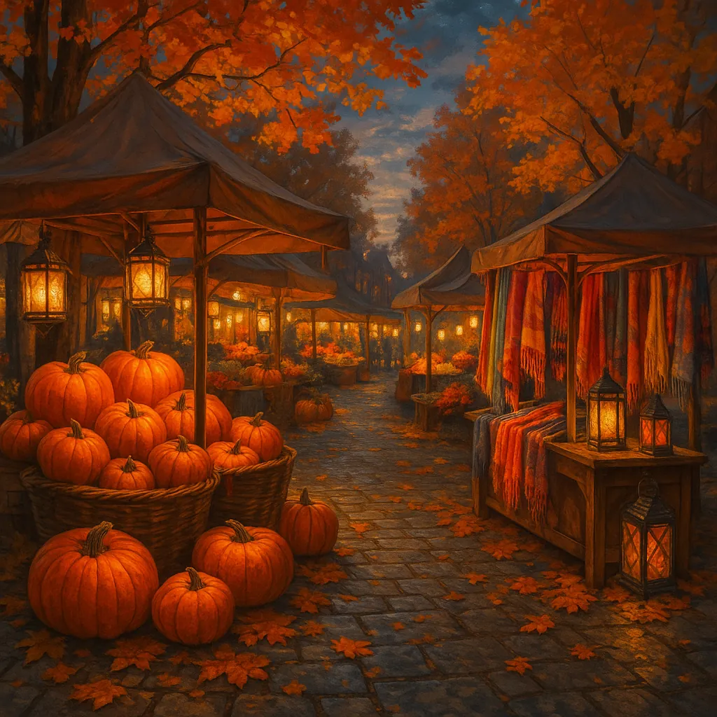 This image captures a lively autumn street market at dusk, featuring an array of vibrant stalls.