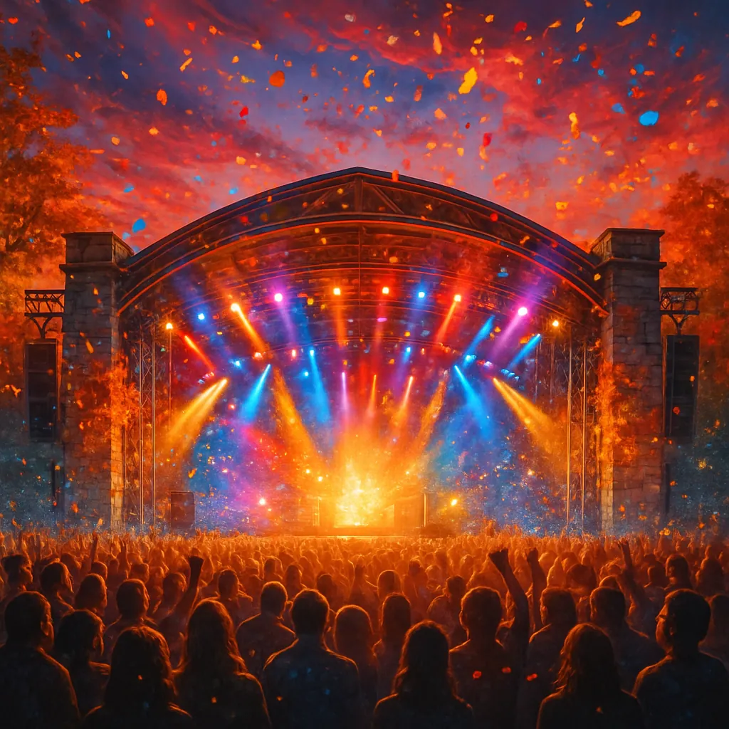 This image captures a lively music festival scene with a focus on an illuminated concert stage set against a stunning sunset sky.