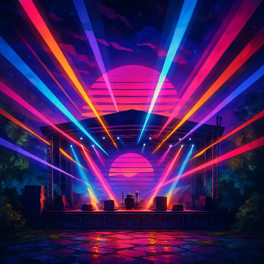 This image captures a dynamic concert stage under a vibrant array of festival lighting.