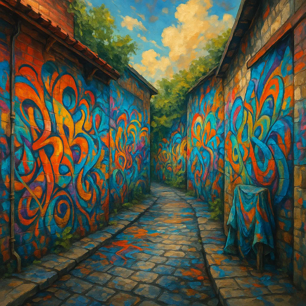 This image features a narrow alley adorned with vibrant graffiti art on both walls.