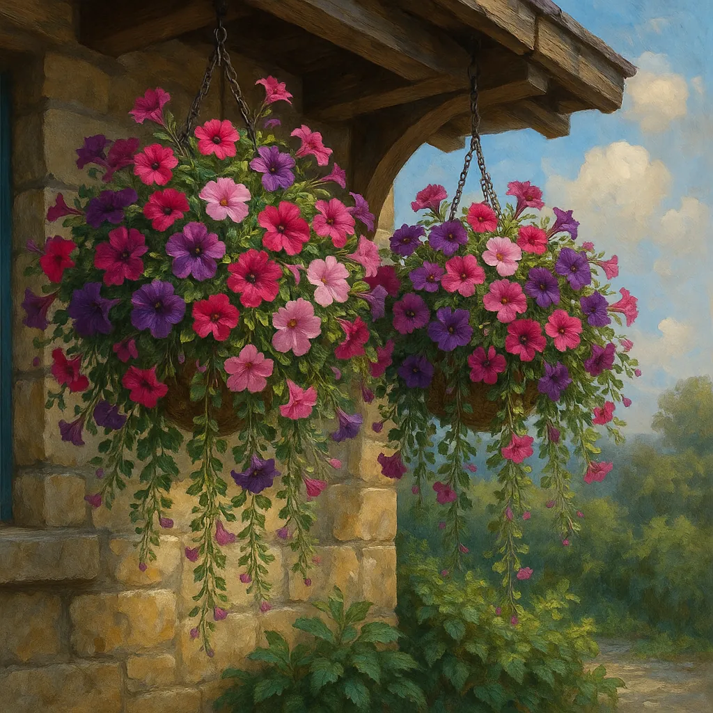 This image features two lush hanging baskets brimming with vibrant petunias in shades of pink, purple, and red.