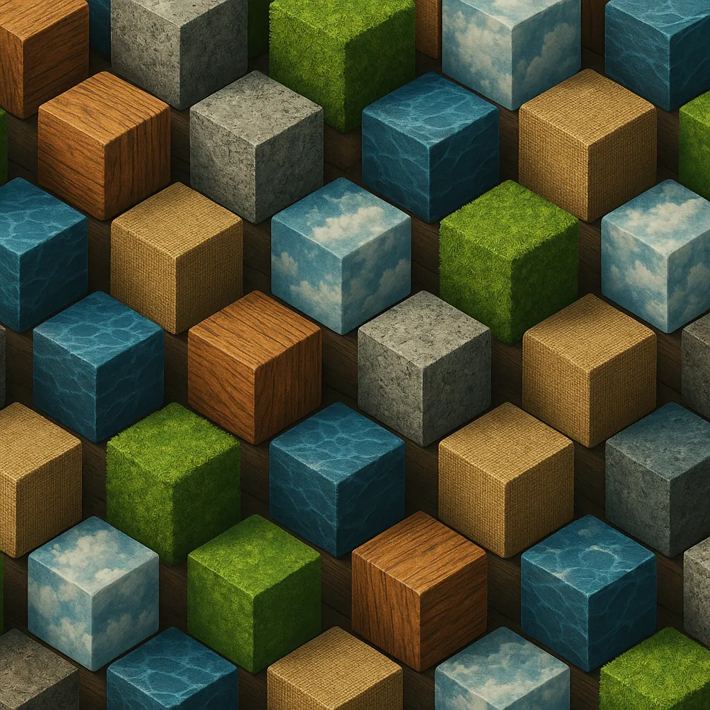 This image showcases an isometric arrangement of cubes, each adorned with distinct textures and colors, creating a visually engaging pattern.