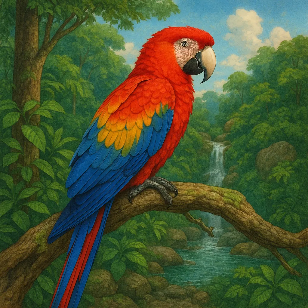 A striking macaw with vivid red, blue, and yellow plumage is perched gracefully on a branch in a lush rainforest.