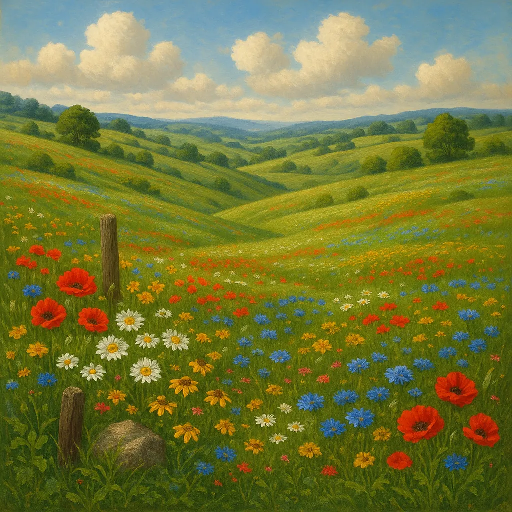 This image portrays a serene landscape of rolling meadows stretching into the distance.
