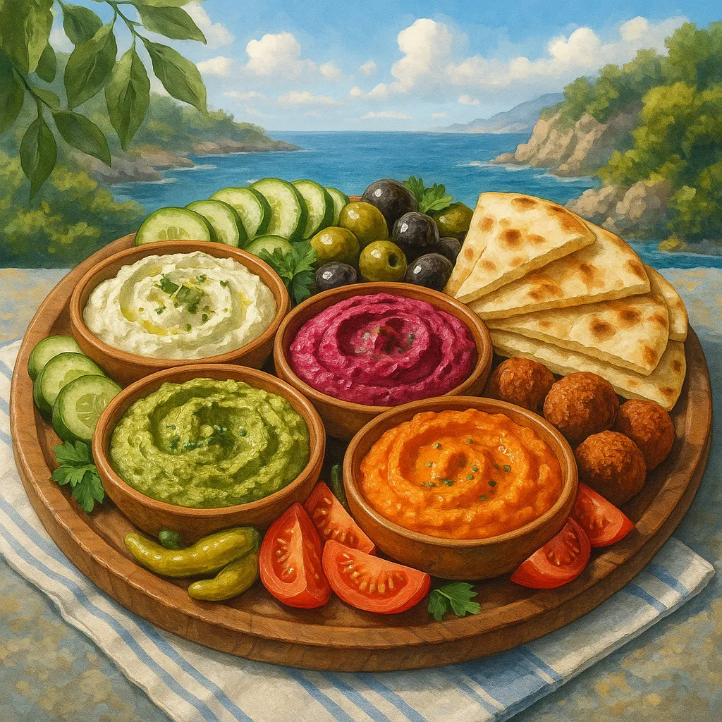 This image showcases a beautifully arranged Mediterranean mezze platter, set against a serene coastal backdrop.