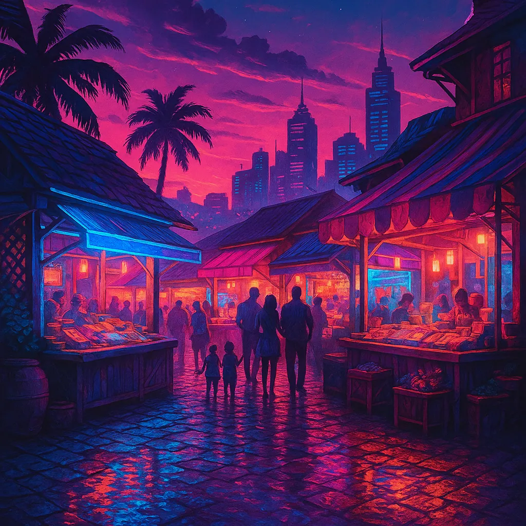 This image captures a lively street market scene at dusk, bathed in vibrant neon pink and blue hues.