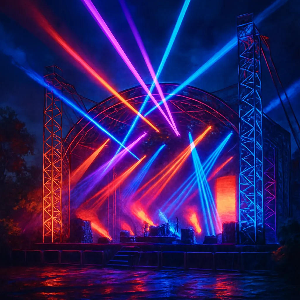 The image showcases an illuminated concert stage at night, featuring a dynamic array of vibrant festival lights and glowing neon beams.