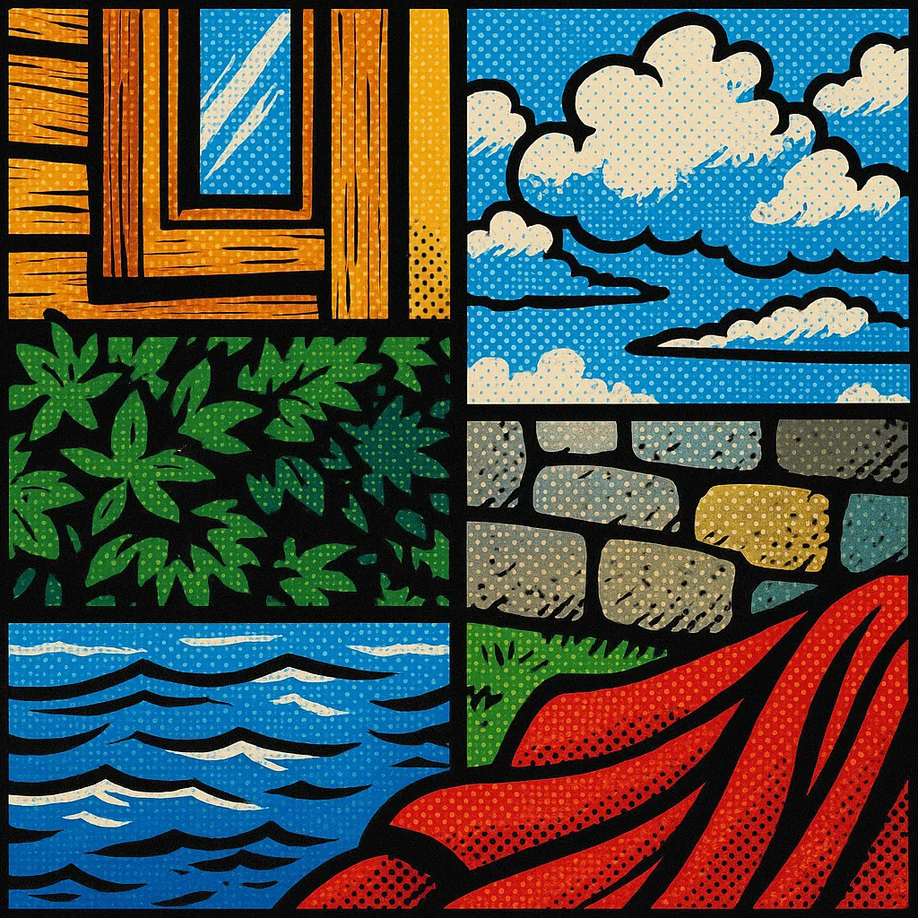 This image showcases a pop art comic panel divided into six distinct sections, each filled with vibrant colors and halftone dots.