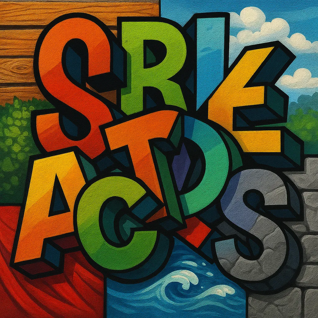 This image showcases a dynamic street art mural featuring bold, overlapping typography.