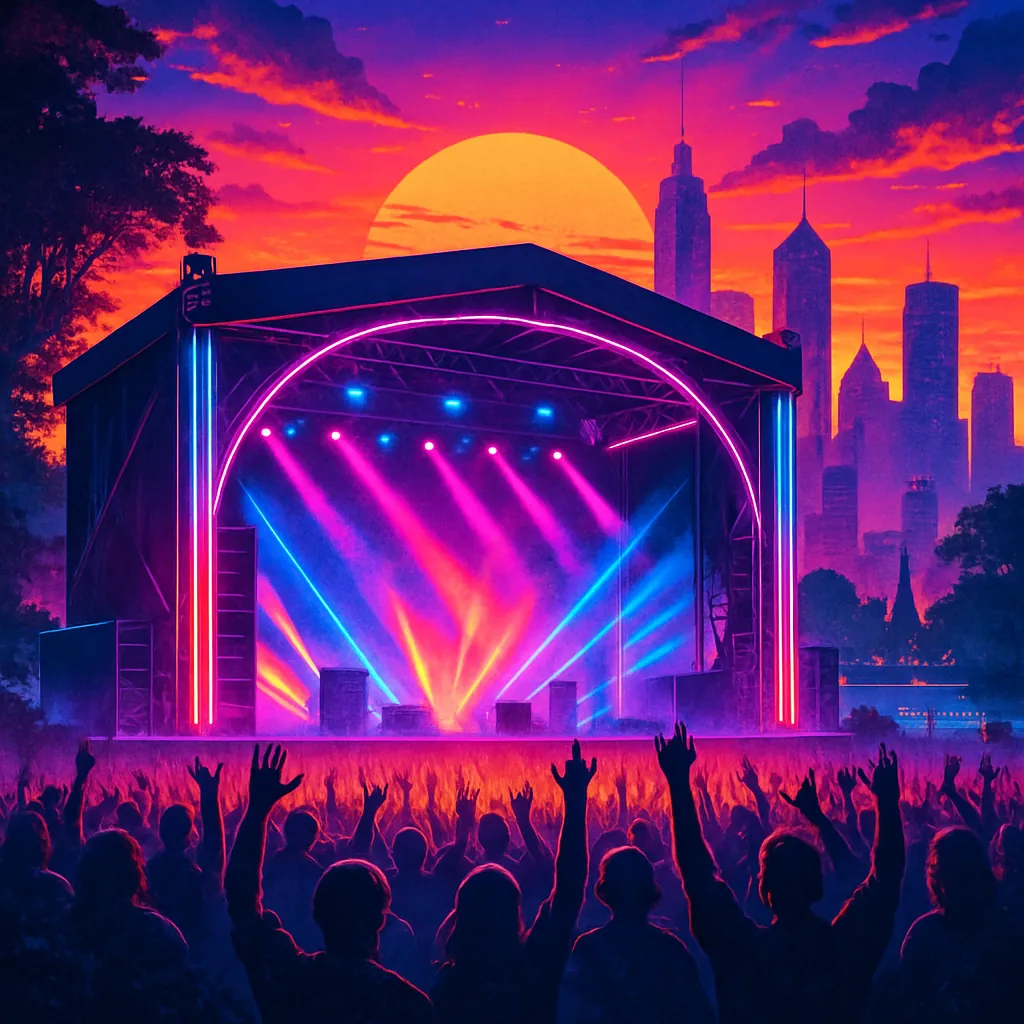 This vibrant image captures an electrifying concert scene set against a stunning sunset.