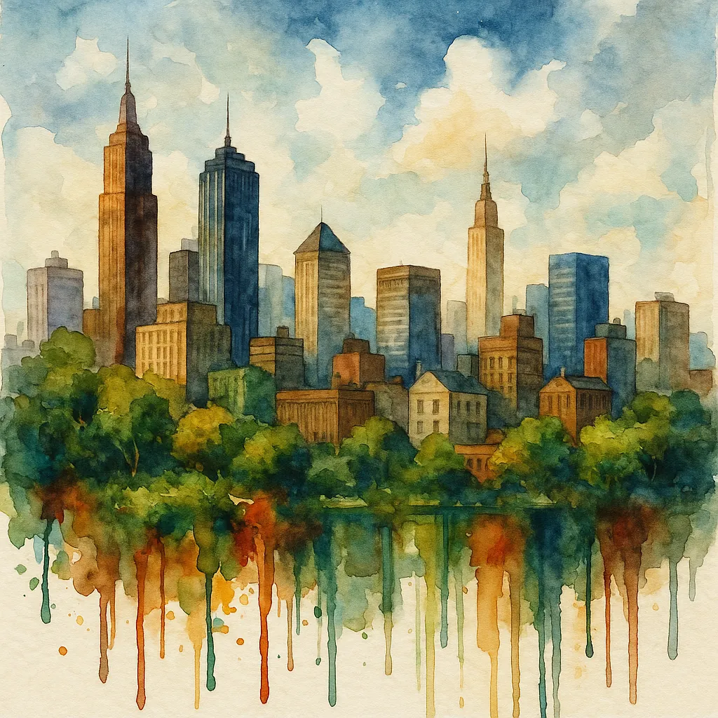 This watercolor painting presents a dynamic city skyline, characterized by tall, diverse skyscrapers that stretch into a sky filled with soft, fluffy clouds.