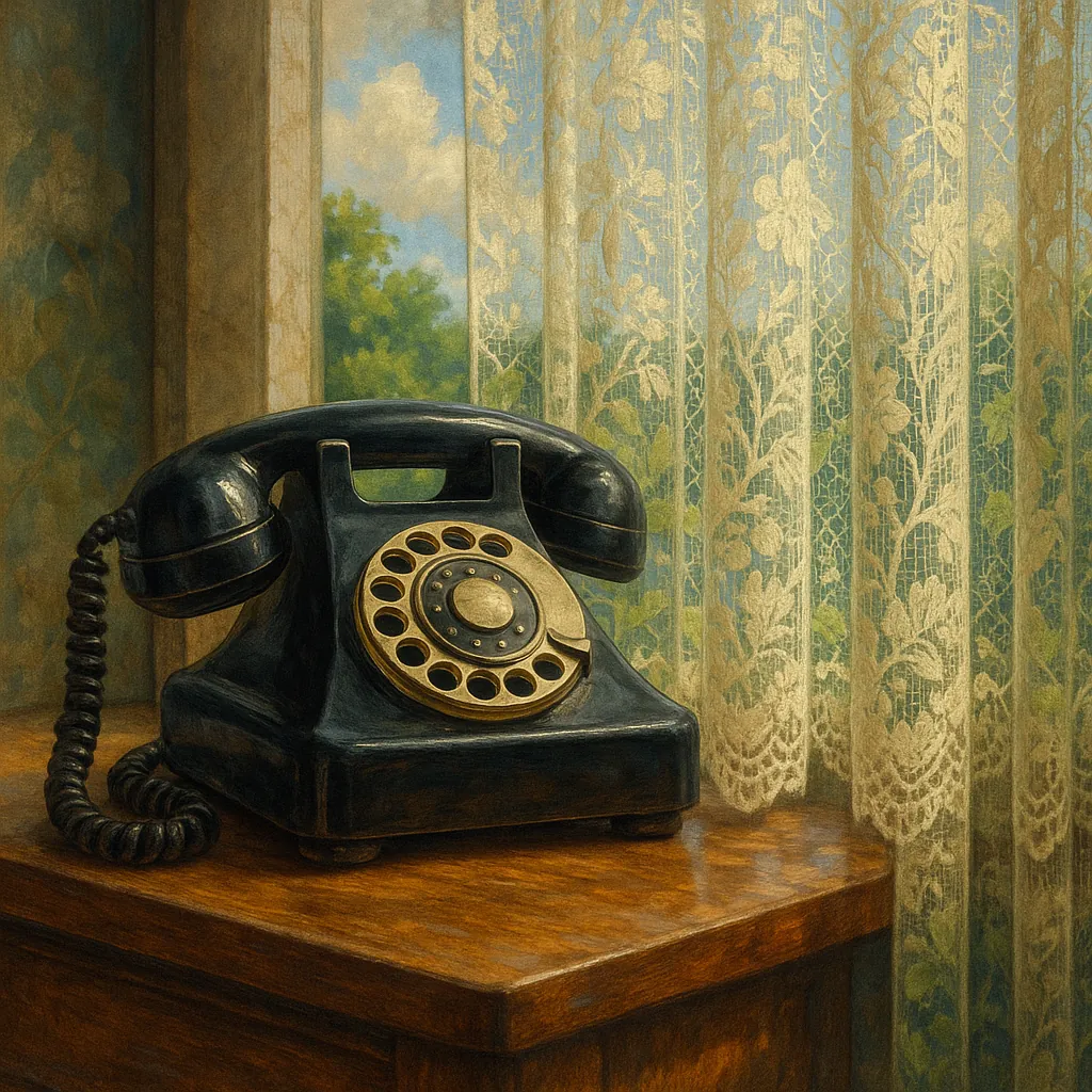 This image features a classic black rotary phone resting on a polished wooden table.