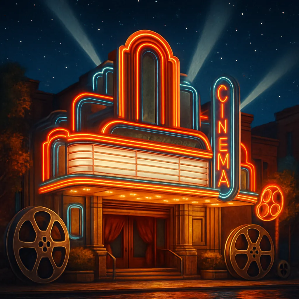 This image captures a retro cinema marquee glowing vibrantly under a starlit night sky.