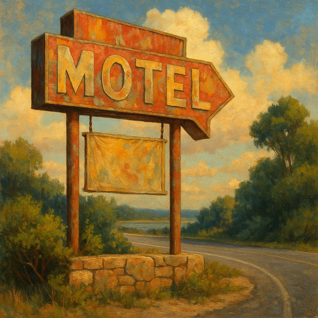 This image captures a sun-faded motel sign standing by a curving road, evoking a sense of nostalgia and travel.