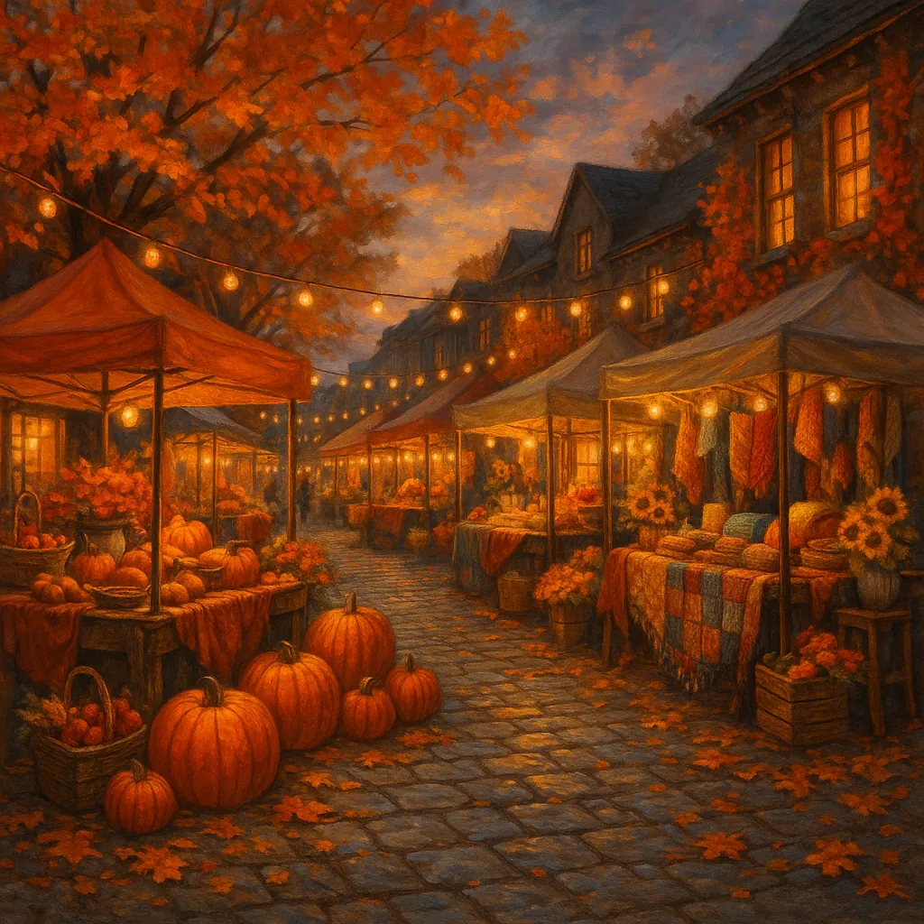 This image captures a vibrant street market set during dusk in autumn.