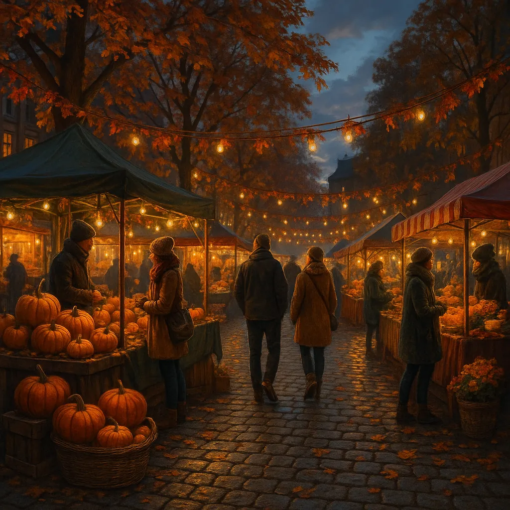 This image captures a vibrant autumn street market at dusk, bathed in a warm glow from string lights.