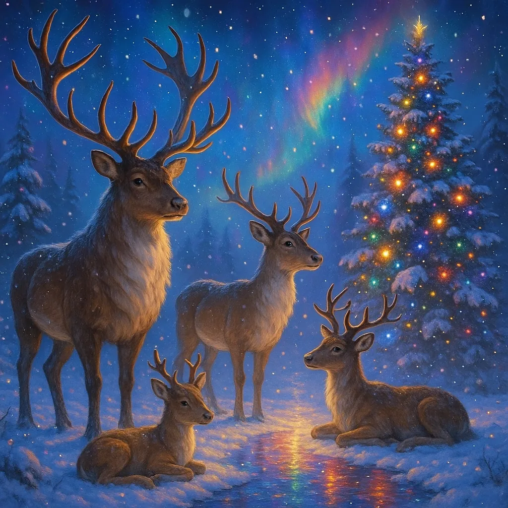 This image features a serene winter scene with reindeer standing and resting on snow-covered ground.