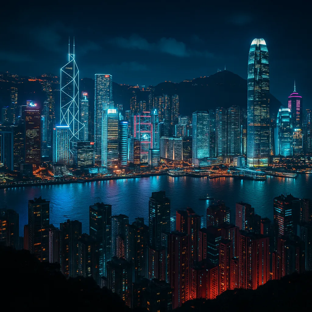 This image captures the vibrant Hong Kong skyline from Victoria Peak at night, showcasing a dazzling array of illuminated skyscrapers reflecting off the harbor.