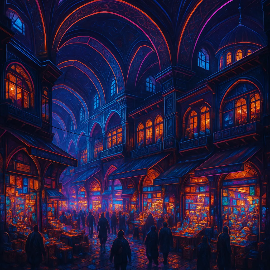 This image of the Istanbul Grand Bazaar is vibrant and detailed, showcasing a bustling urban market scene.