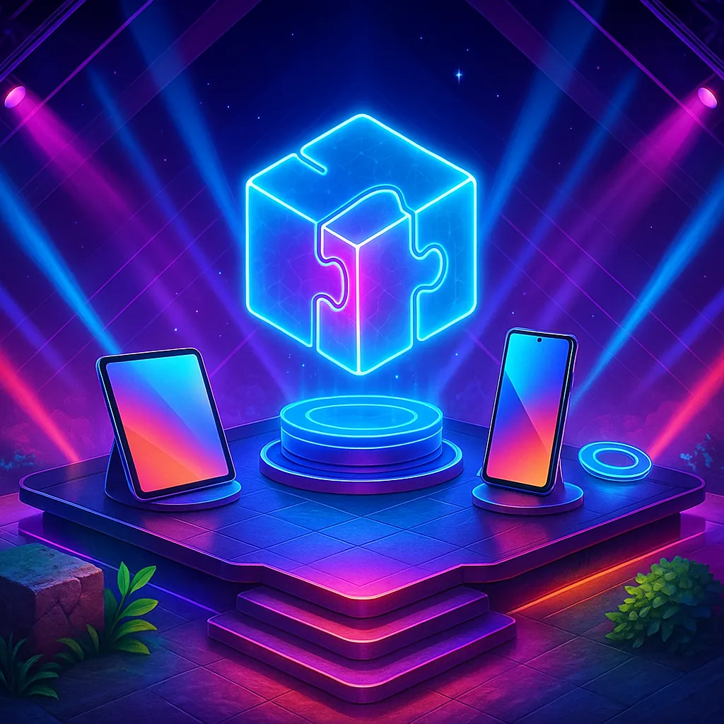 The image depicts a futuristic tech launch stage, bathed in a vibrant neon gradient palette.