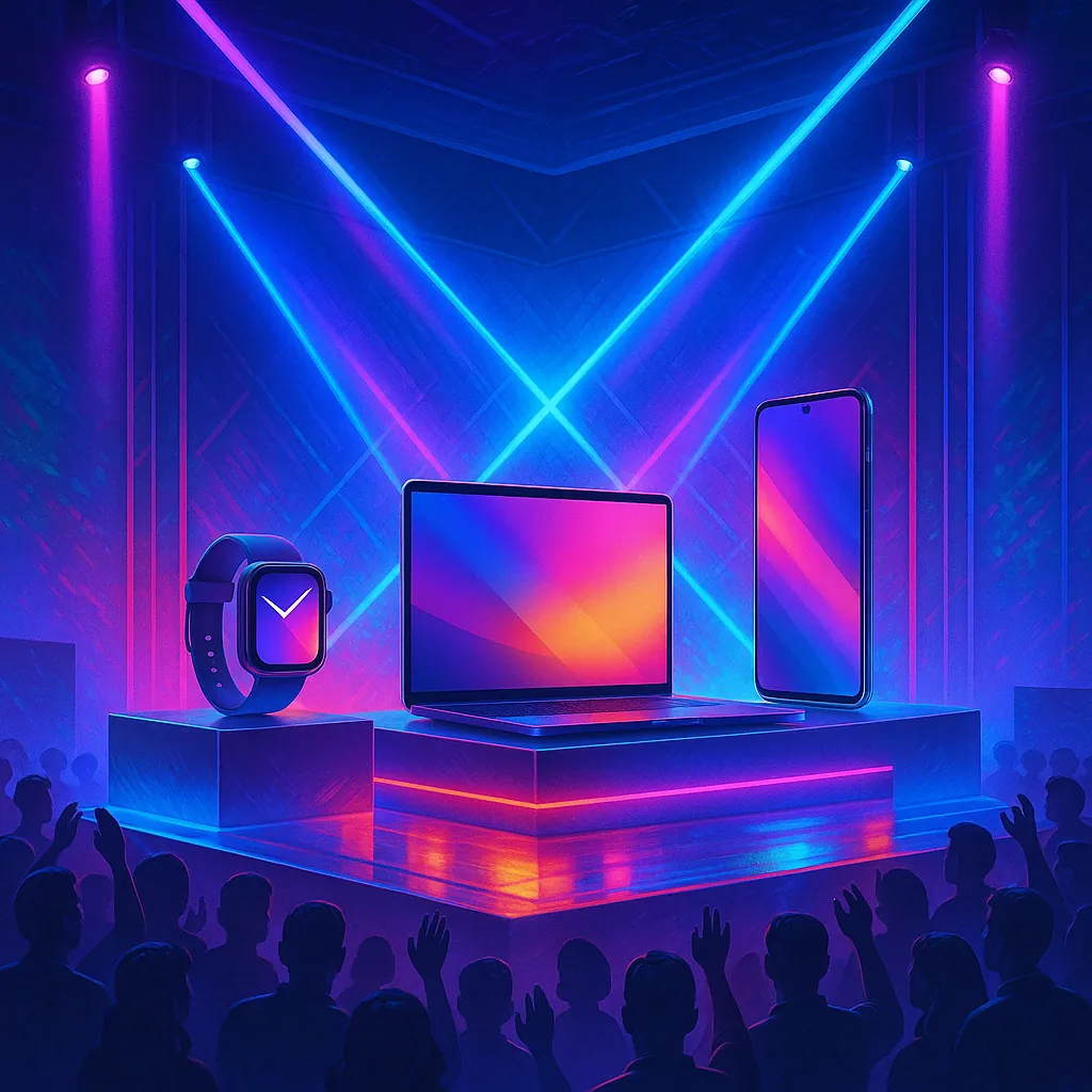 The image showcases a futuristic tech launch stage adorned with vibrant neon gradients.