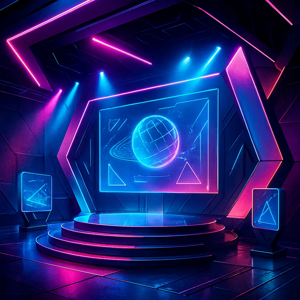 This image showcases a futuristic stage designed with a captivating neon gradient lighting scheme.