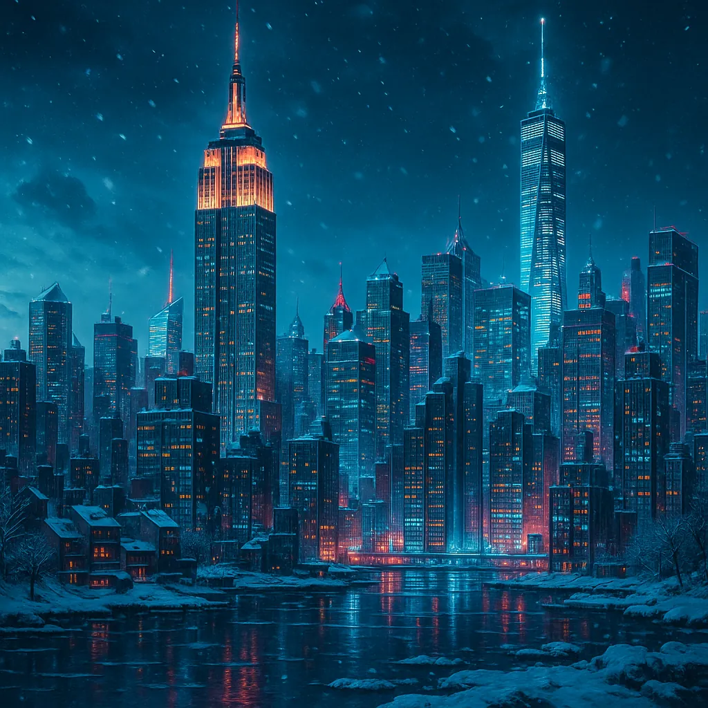 This image depicts a sharp, realistic winter skyline of New York City, capturing the iconic skyscrapers against a snowy backdrop.
