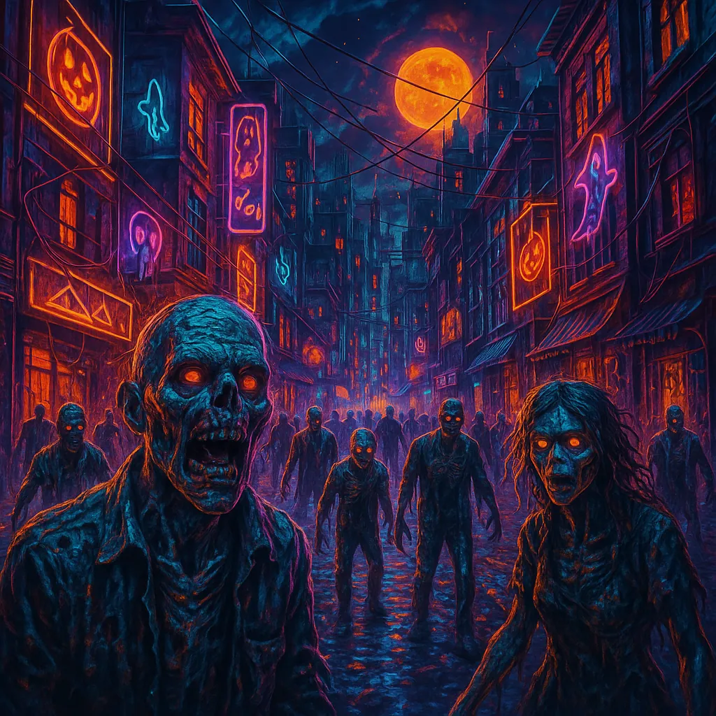 This image depicts a Halloween-themed zombie apocalypse street scene, perfect for a challenging puzzle.