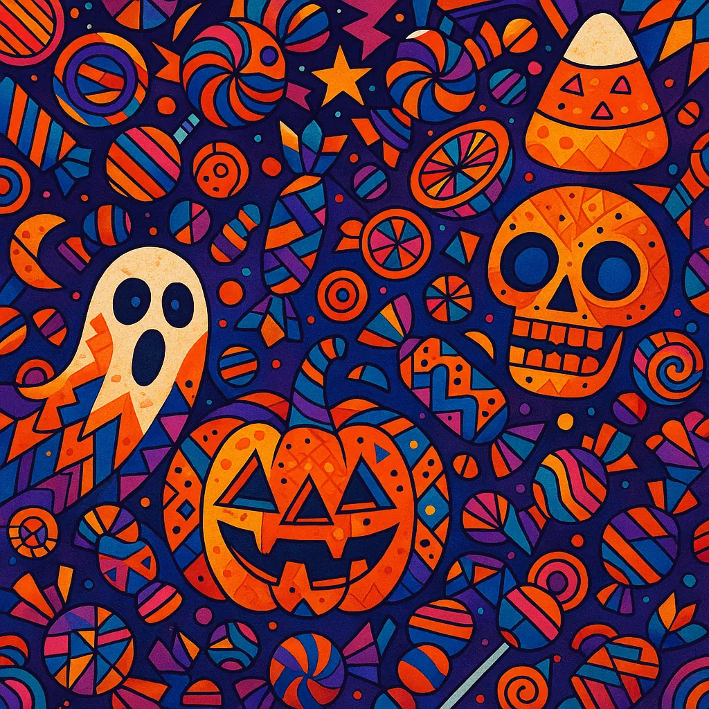 This vibrant Halloween-themed image features a colorful explosion of candy, jack-o'-lanterns, ghosts, and skulls against a dark background.
