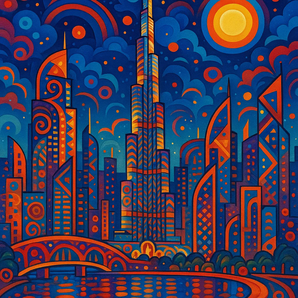 This image features a vibrant and stylized depiction of the Dubai skyline at night, showcasing an array of geometric skyscrapers with intricate patterns and bri