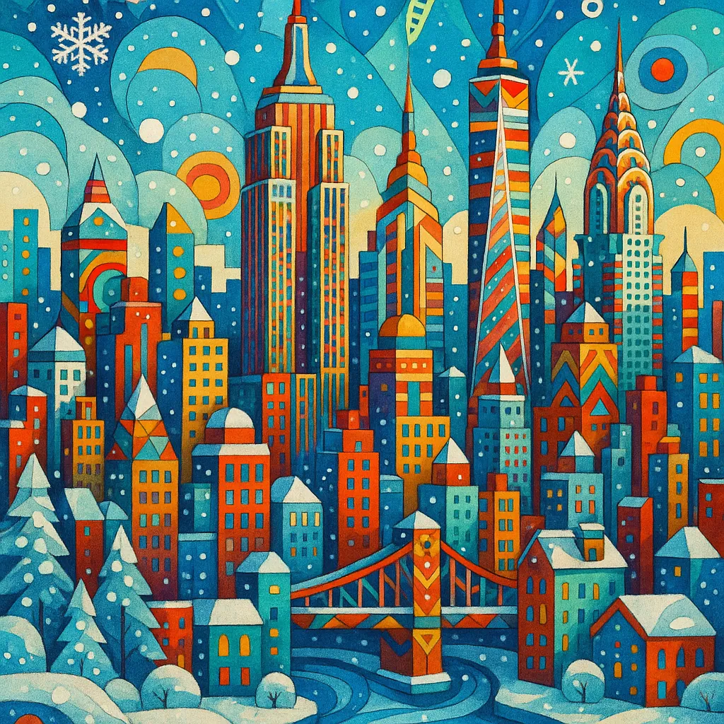 This vibrant illustration of a wintery New York City skyline features iconic skyscrapers and a snow-covered urban landscape.