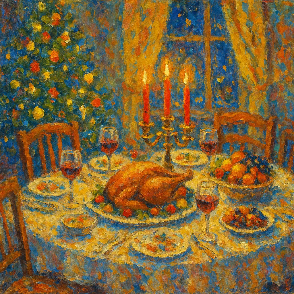This image depicts a cozy Christmas Eve dinner table, perfect for a holiday-themed puzzle.