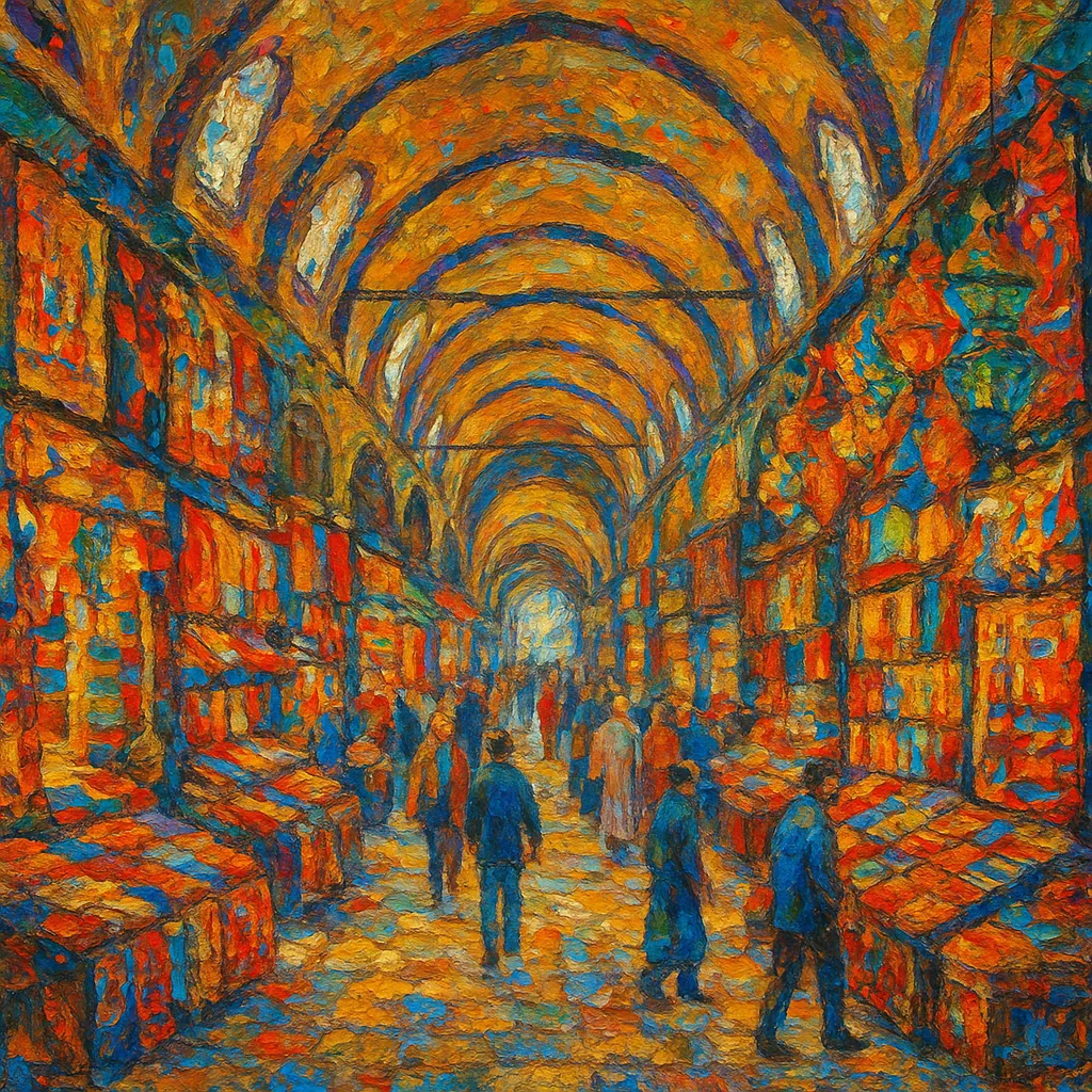 This image depicts a vibrant and colorful scene of Istanbul's Grand Bazaar, showcasing bustling activity and rich architectural details.