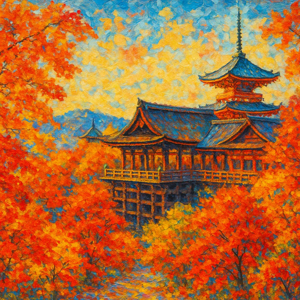 This image features a Kyoto temple surrounded by vibrant autumn foliage, showcasing rich reds and oranges against a clear blue sky.