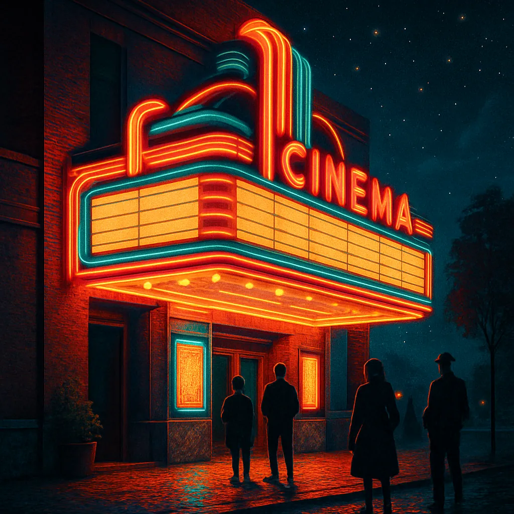 This image captures a retro-futuristic cinema marquee glowing with vibrant neon lights in the night.