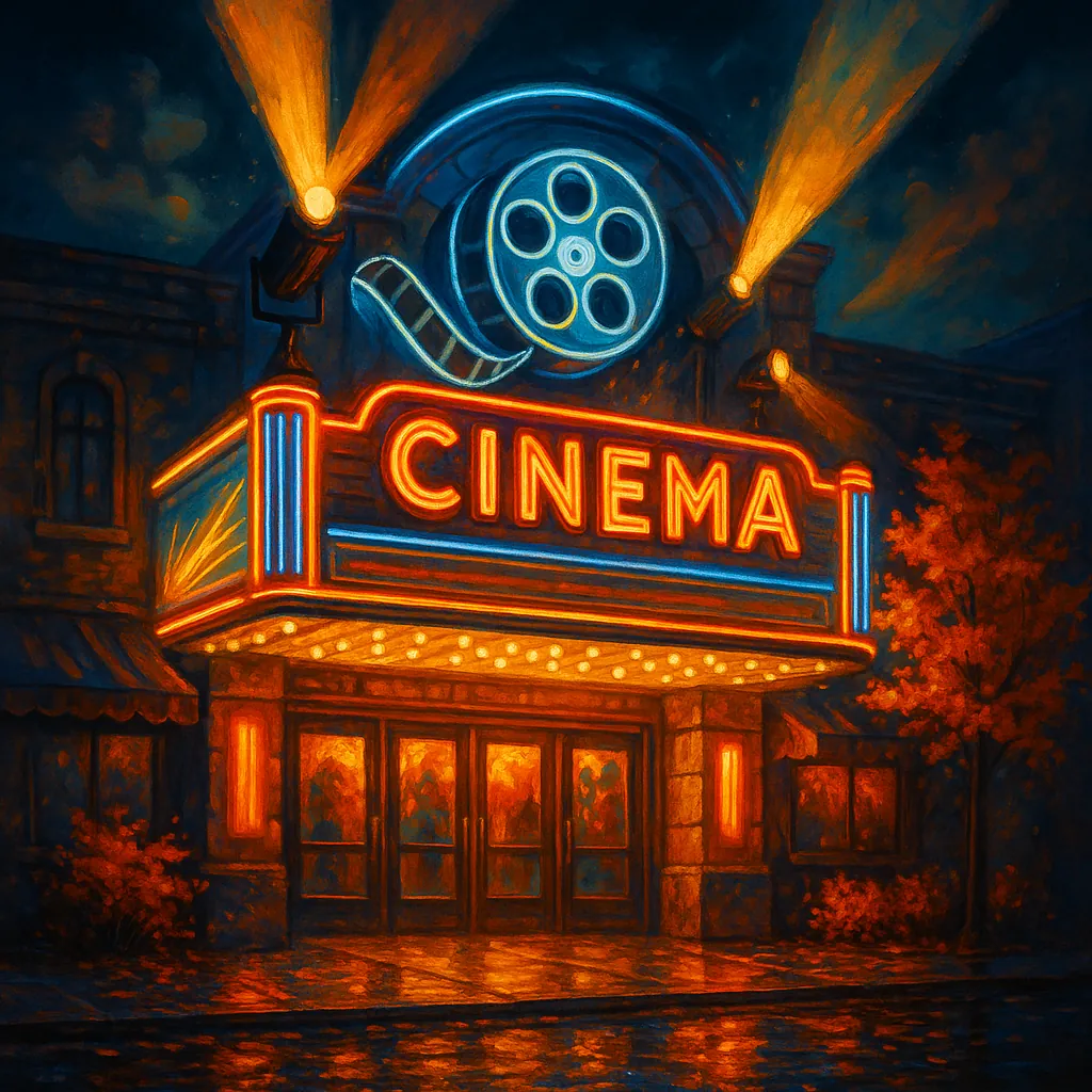 This image captures a vibrant cinema marquee at night, illuminated with neon hues of orange and blue.
