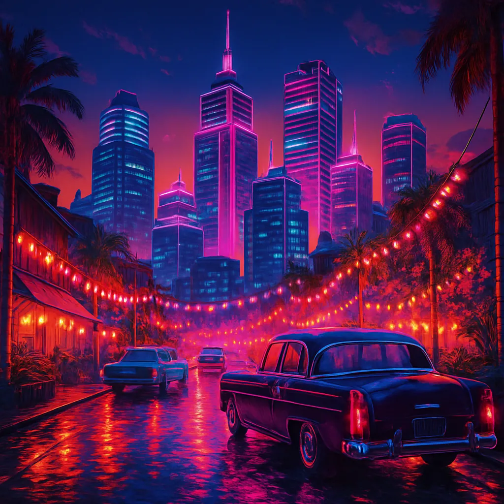 The image showcases a vibrant city skyline at dusk, bathed in neon pink and blue hues.