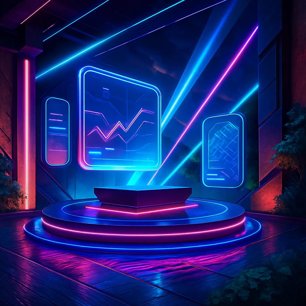 The image showcases a striking futuristic stage, illuminated by vibrant neon gradients.