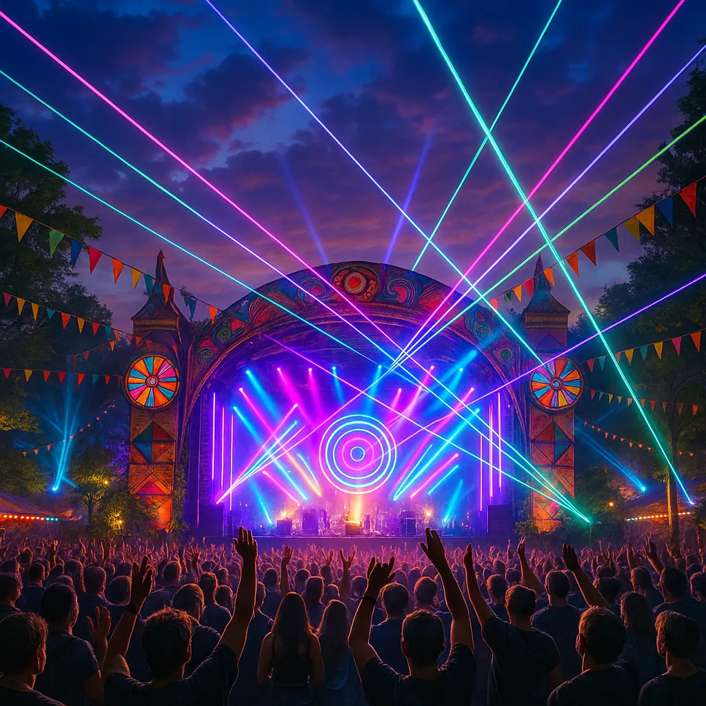 The image captures a vibrant concert stage at dusk, bathed in neon lights and dynamic laser beams that stretch across a cheering crowd.