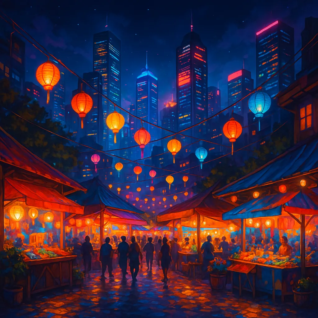 This vibrant image captures a dynamic cityscape at night, featuring towering skyscrapers illuminated with neon lights.