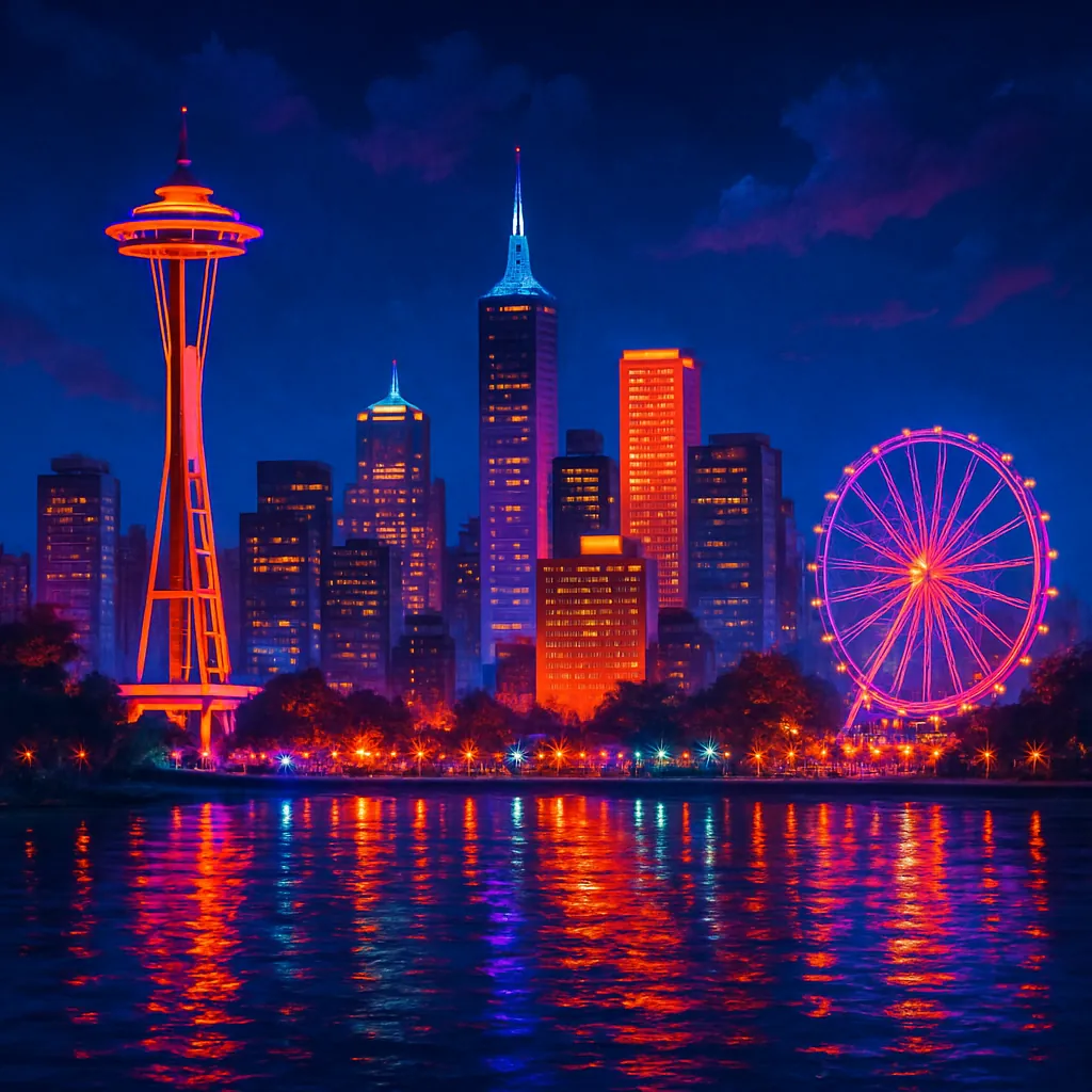 The image showcases a vibrant city skyline at night, featuring iconic landmarks silhouetted against a deep blue sky.