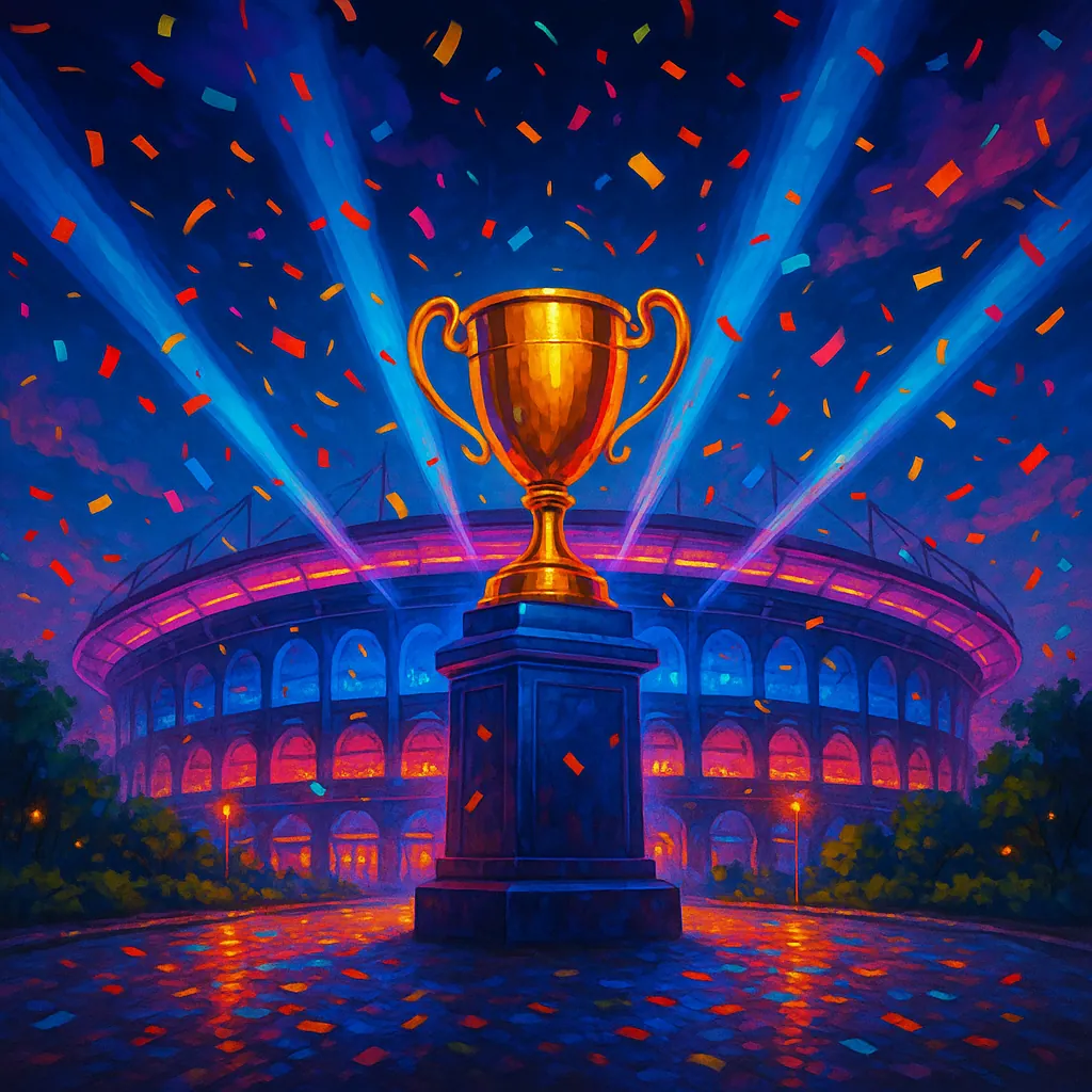 The image showcases a vibrant, neon-lit stadium at night, capturing a moment of celebration.