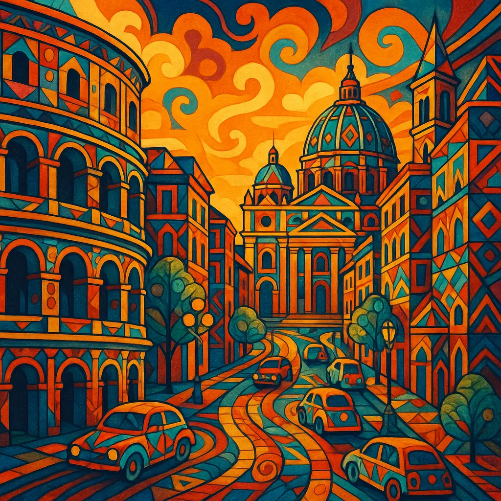 This vibrant image captures a stylized view of Rome's streets during the golden hour, featuring iconic architecture like domes and arches.